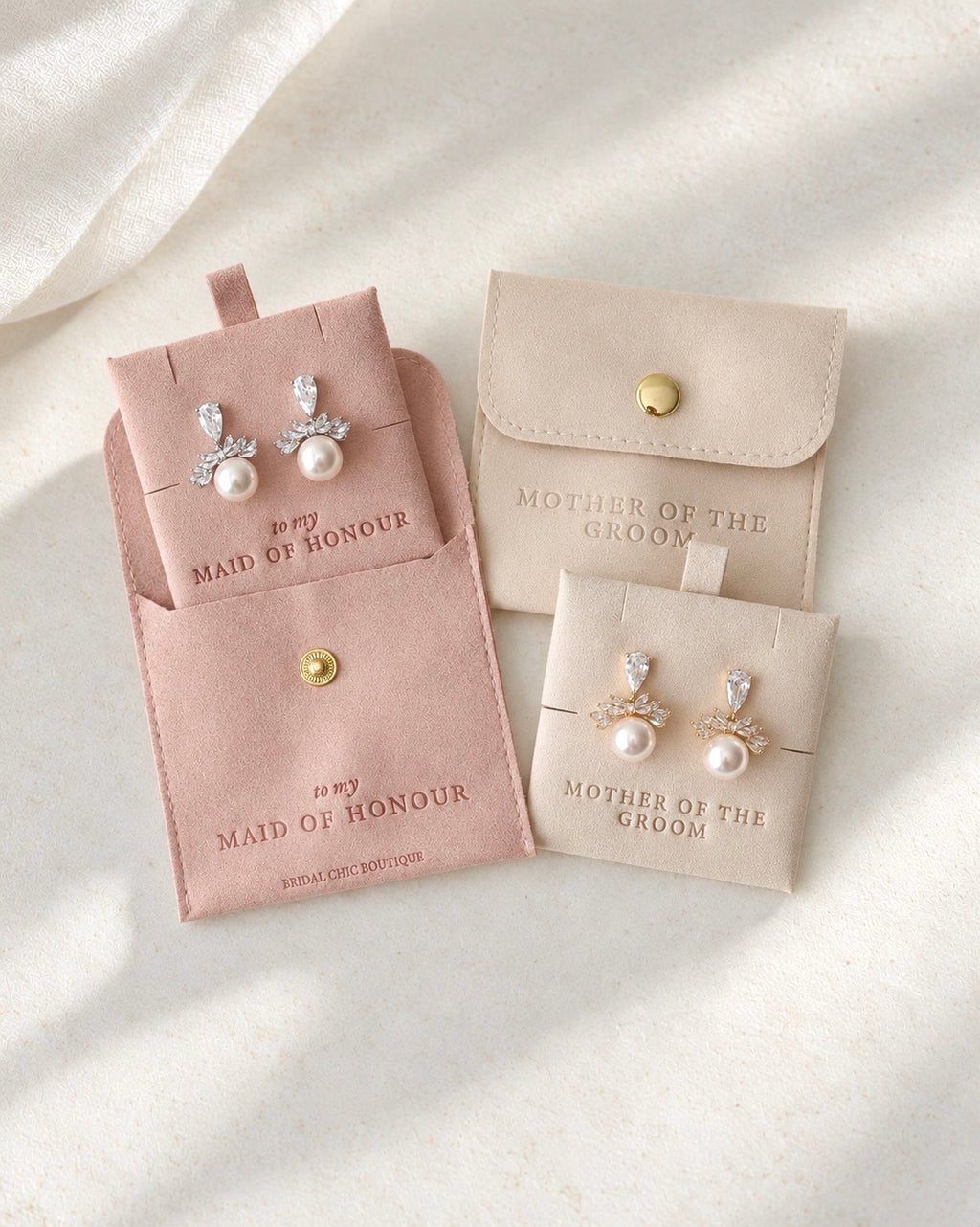 Two jewelry display pouches in blush pink and light beige, each holding matching pearl stud earrings with clear crystal floral tops, arranged on a soft white fabric background.