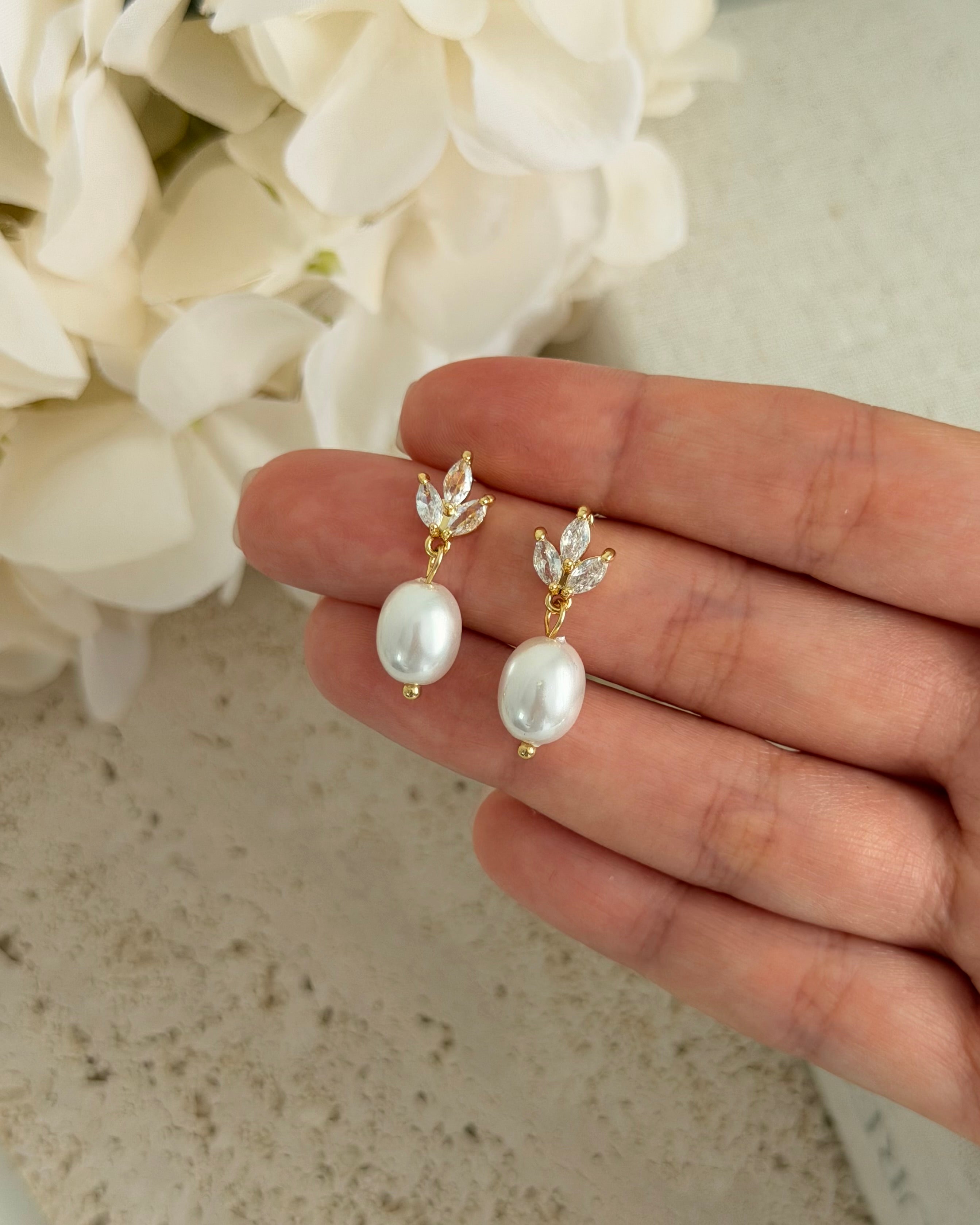 Bridesmaid Pearl Drop Earrings 18K Gold Plated
